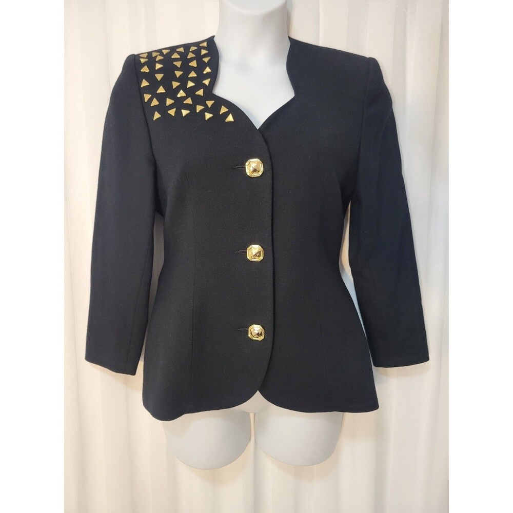 Bicci Florine Wachter Black Cropped Gold Studded Jacket Size 6 Vintage USA Wool